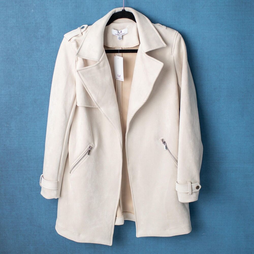 Magaschoni Women Small Faux Suede Trench Coat Light Stone Cream NEW